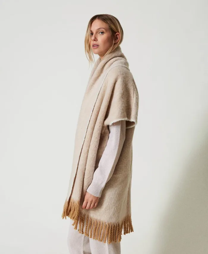 Twinset Mottled Poncho With Fringes Sandy Brown Women Jackets And Outerwear Twinset Mottled Poncho With Fringes Sandy Brown Women Jackets And Outerwear