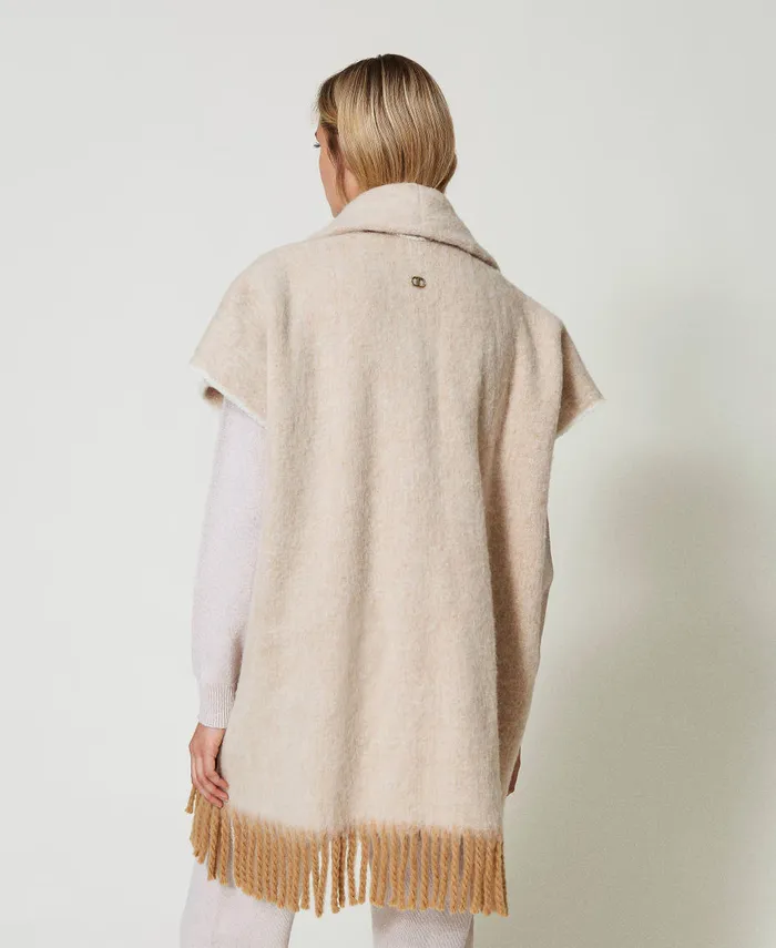 Twinset Mottled Poncho With Fringes Sandy Brown Women Jackets And Outerwear Twinset Mottled Poncho With Fringes Sandy Brown Women Jackets And Outerwear