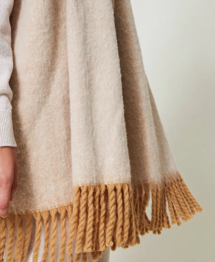 Twinset Mottled Poncho With Fringes Sandy Brown Women Jackets And Outerwear Twinset Mottled Poncho With Fringes Sandy Brown Women Jackets And Outerwear