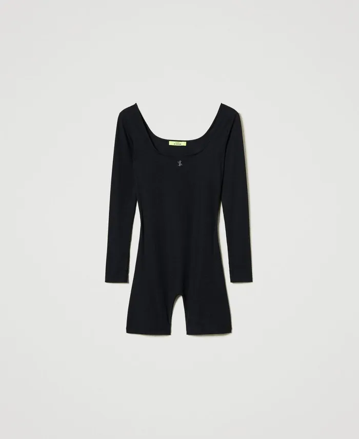 Twinset Myfo Short Ribbed Jumpsuit With Logo Black Women Dresses Twinset Myfo Short Ribbed Jumpsuit With Logo Black Women Dresses