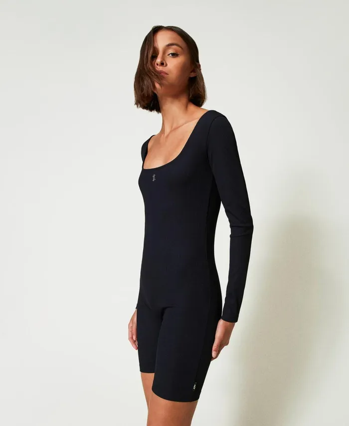 Twinset Myfo Short Ribbed Jumpsuit With Logo Black Women Dresses Twinset Myfo Short Ribbed Jumpsuit With Logo Black Women Dresses