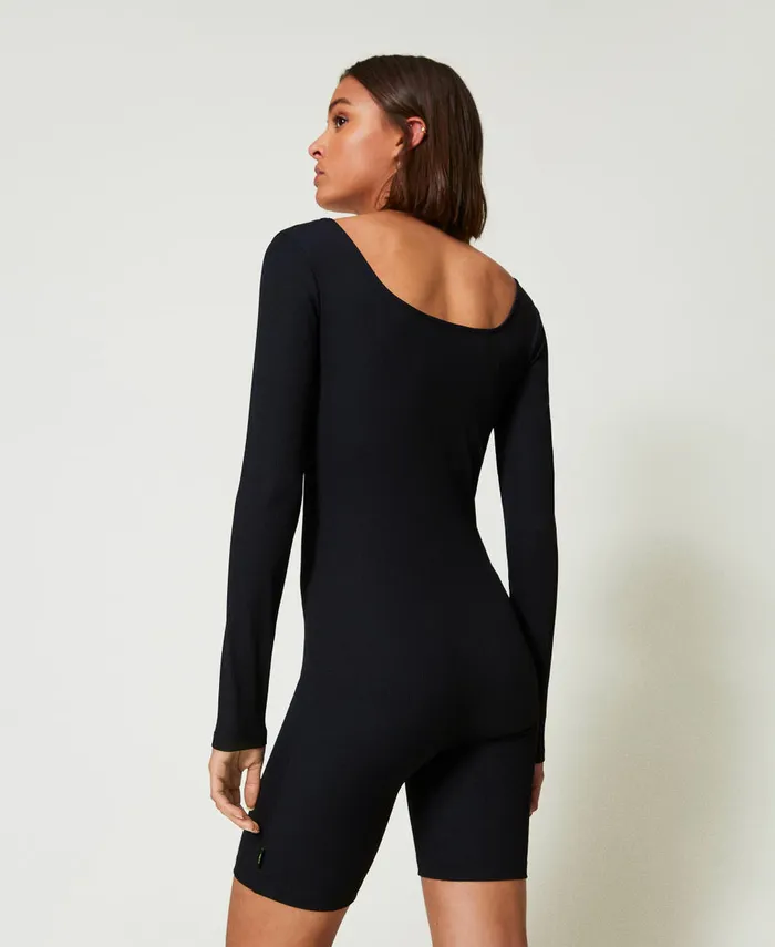 Twinset Myfo Short Ribbed Jumpsuit With Logo Black Women Dresses Twinset Myfo Short Ribbed Jumpsuit With Logo Black Women Dresses