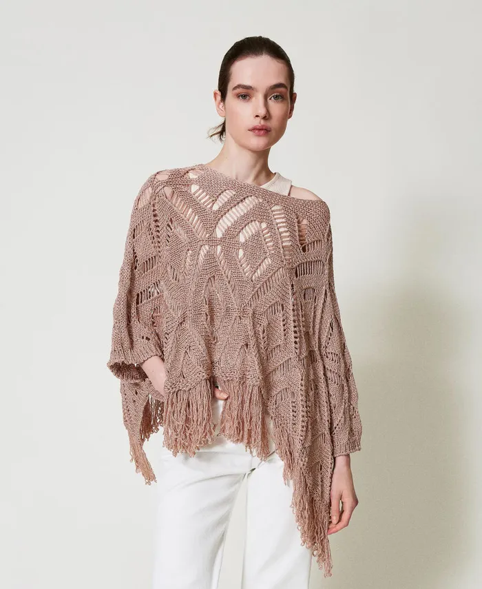 Twinset Openwork Knit Poncho With Lurex Parisienne Pink Women Jumpers And Cardigans