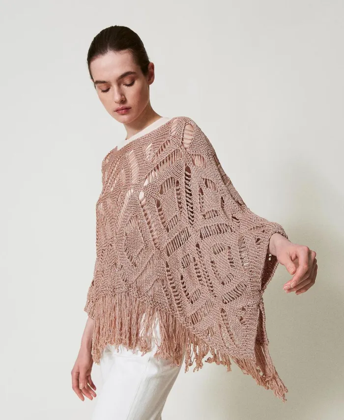 Twinset Openwork Knit Poncho With Lurex Parisienne Pink Women Jumpers And Cardigans Twinset Openwork Knit Poncho With Lurex Parisienne Pink Women Jumpers And Cardigans