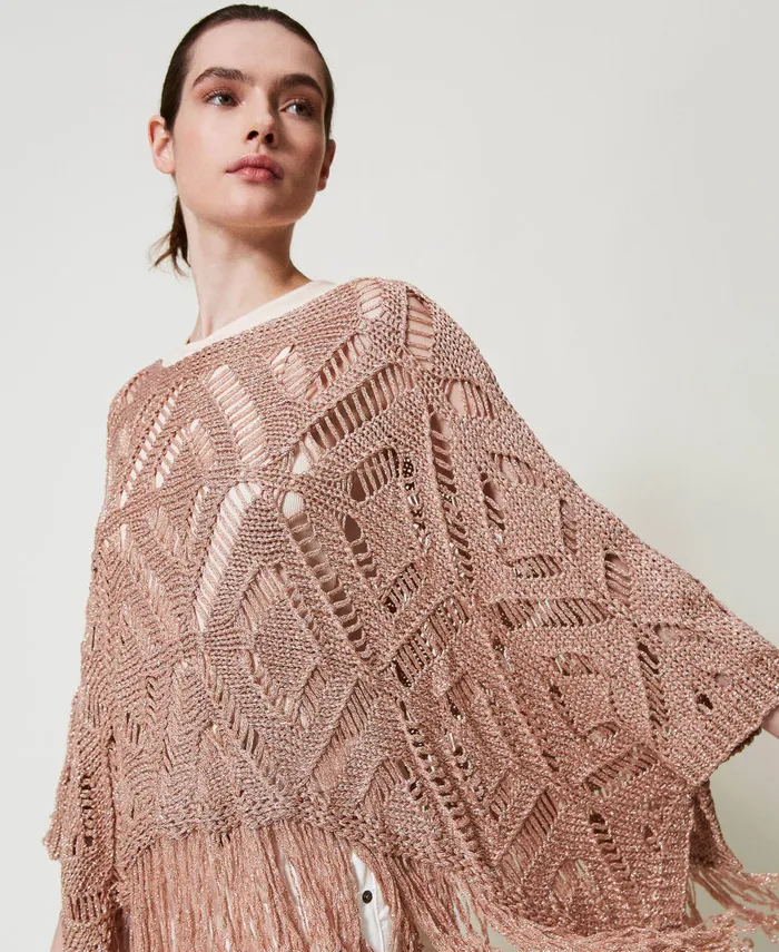 Twinset Openwork Knit Poncho With Lurex Parisienne Pink Women Jumpers And Cardigans Twinset Openwork Knit Poncho With Lurex Parisienne Pink Women Jumpers And Cardigans