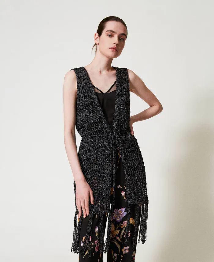 Twinset Openwork Knit Sleeveless Cardigan With Lurex Black Women Jumpers And Cardigans