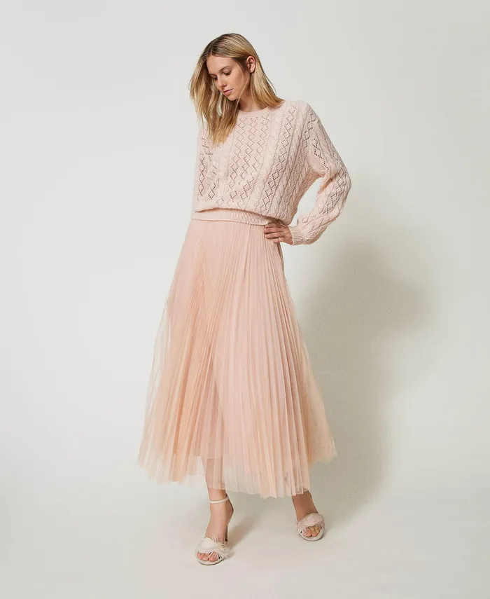 Twinset Pleated Tulle Long Skirt Light Nude Women Skirts