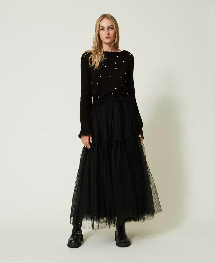 Twinset Plumetis Tulle Long Skirt Black Women Skirts