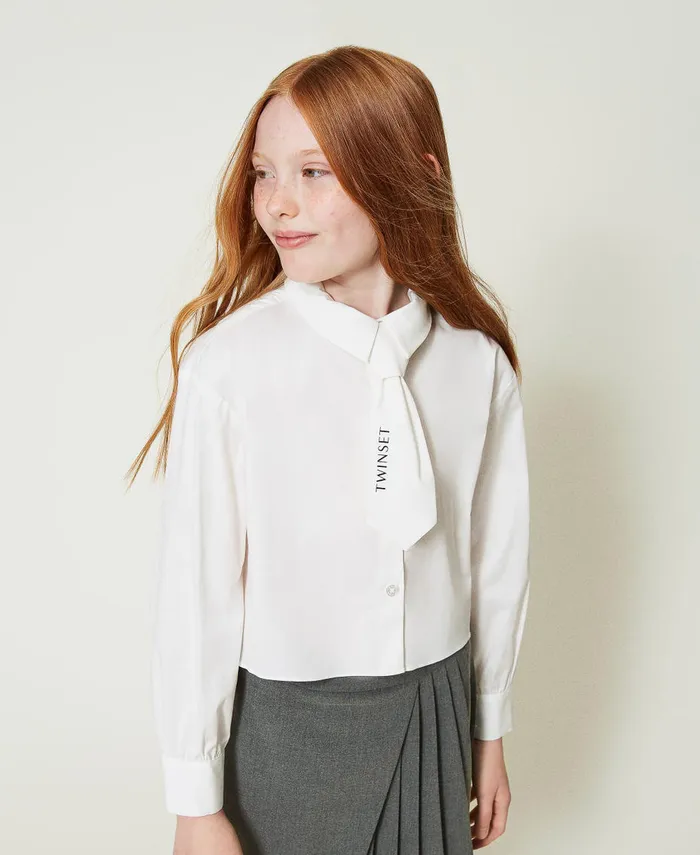Twinset Poplin Shirt With Tie Off White Girl Blouses And Shirts