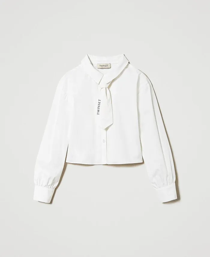 Twinset Poplin Shirt With Tie Off White Girl Blouses And Shirts Twinset Poplin Shirt With Tie Off White Girl Blouses And Shirts