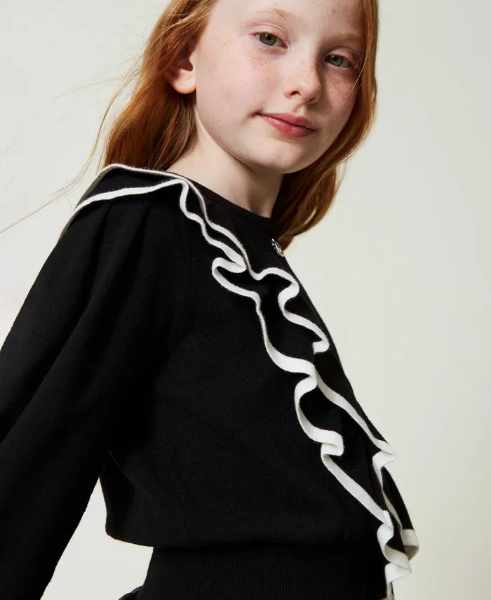 Twinset Regular Fit Jumper With Double Flounce Bicolour Black Off White Girl Jumpers And Cardigans