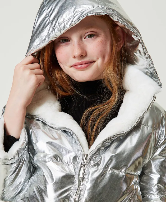 Twinset Reversible Faux Fur Jacket Twotone Off White Metallic Silver Girl Jackets And Outerwear