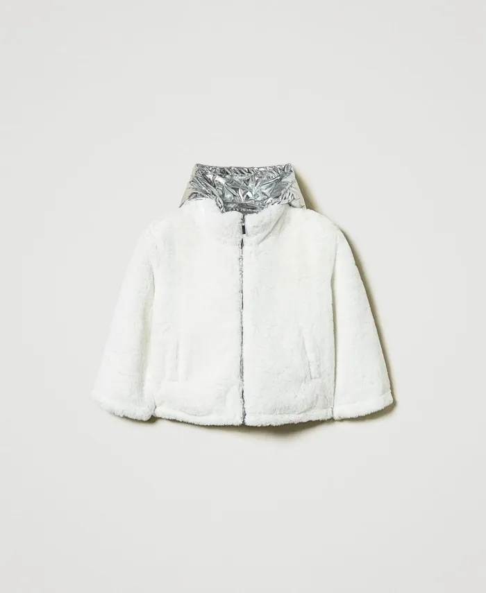 Twinset Reversible Faux Fur Jacket Twotone Off White Metallic Silver Girl Jackets And Outerwear Twinset Reversible Faux Fur Jacket Twotone Off White Metallic Silver Girl Jackets And Outerwear