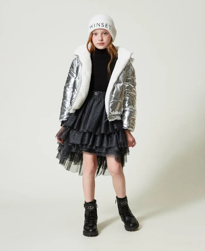 Twinset Reversible Faux Fur Jacket Twotone Off White Metallic Silver Girl Jackets And Outerwear Twinset Reversible Faux Fur Jacket Twotone Off White Metallic Silver Girl Jackets And Outerwear