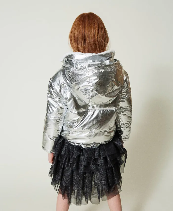 Twinset Reversible Faux Fur Jacket Twotone Off White Metallic Silver Girl Jackets And Outerwear Twinset Reversible Faux Fur Jacket Twotone Off White Metallic Silver Girl Jackets And Outerwear