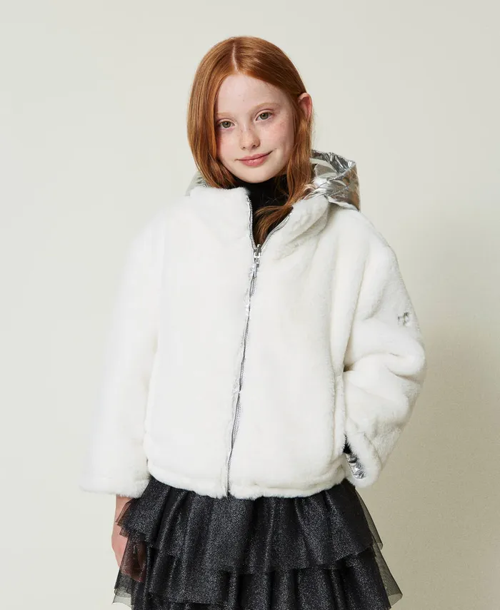 Twinset Reversible Faux Fur Jacket Twotone Off White Metallic Silver Girl Jackets And Outerwear Twinset Reversible Faux Fur Jacket Twotone Off White Metallic Silver Girl Jackets And Outerwear