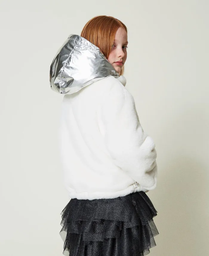 Twinset Reversible Faux Fur Jacket Twotone Off White Metallic Silver Girl Jackets And Outerwear Twinset Reversible Faux Fur Jacket Twotone Off White Metallic Silver Girl Jackets And Outerwear