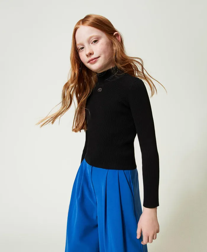 Twinset Ribbed Turtleneck Jumper With Logo Black Girl Jumpers And Cardigans