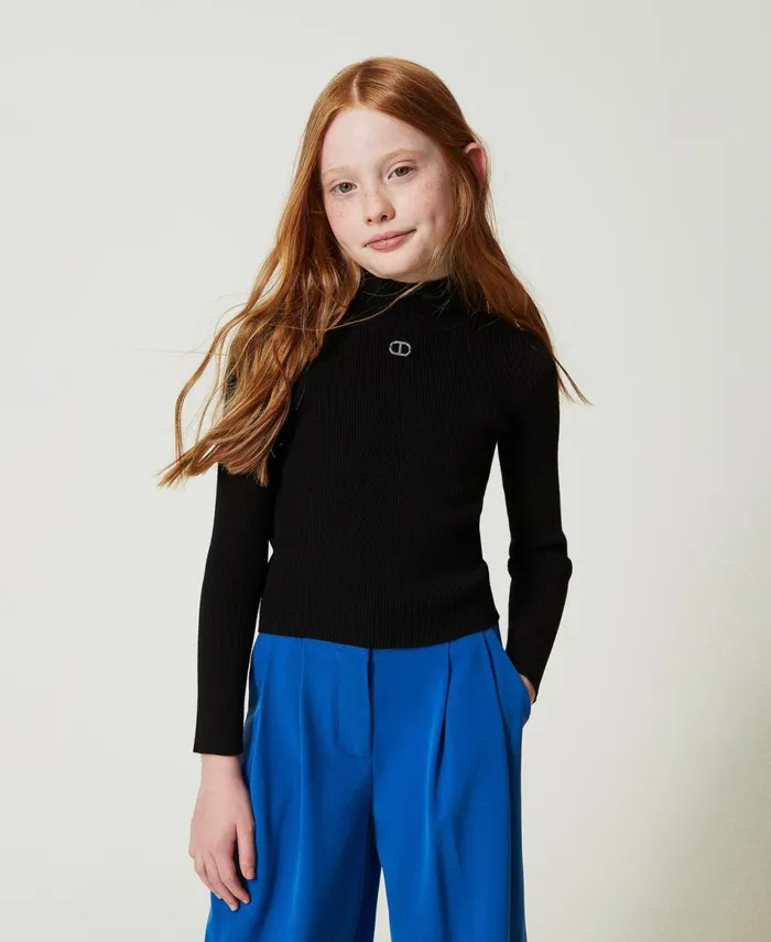 Twinset Ribbed Turtleneck Jumper With Logo Black Girl Jumpers And Cardigans Twinset Ribbed Turtleneck Jumper With Logo Black Girl Jumpers And Cardigans
