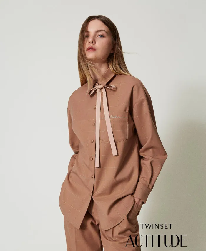Twinset Shirt With Lurex Check Pattern Beaver Brown Women Blouses And Shirts