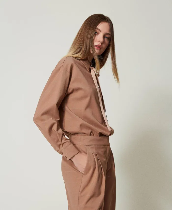 Twinset Shirt With Lurex Check Pattern Beaver Brown Women Blouses And Shirts Twinset Shirt With Lurex Check Pattern Beaver Brown Women Blouses And Shirts
