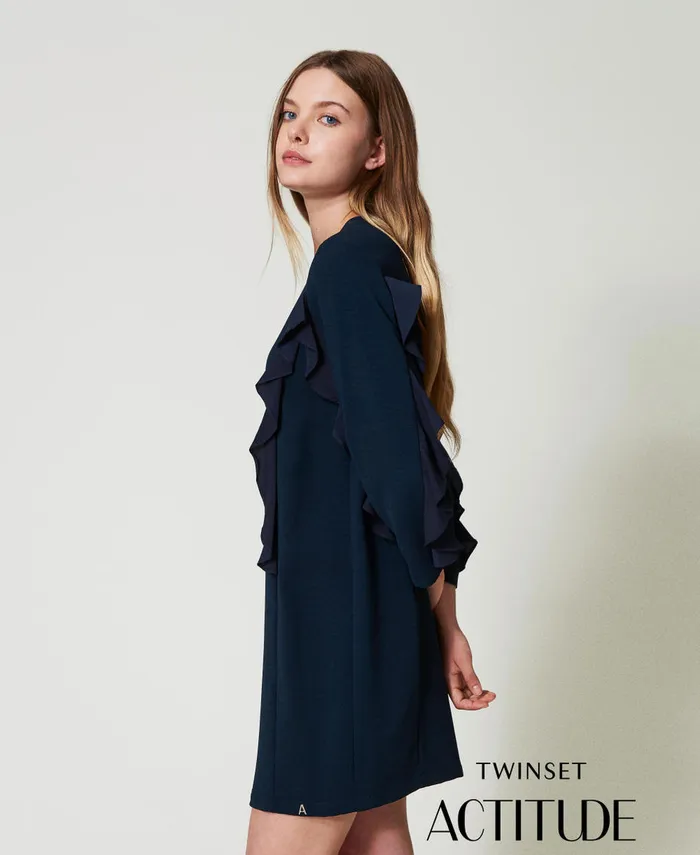 Twinset Short Cady Dress With Ruffles Navy Blue Women Dresses