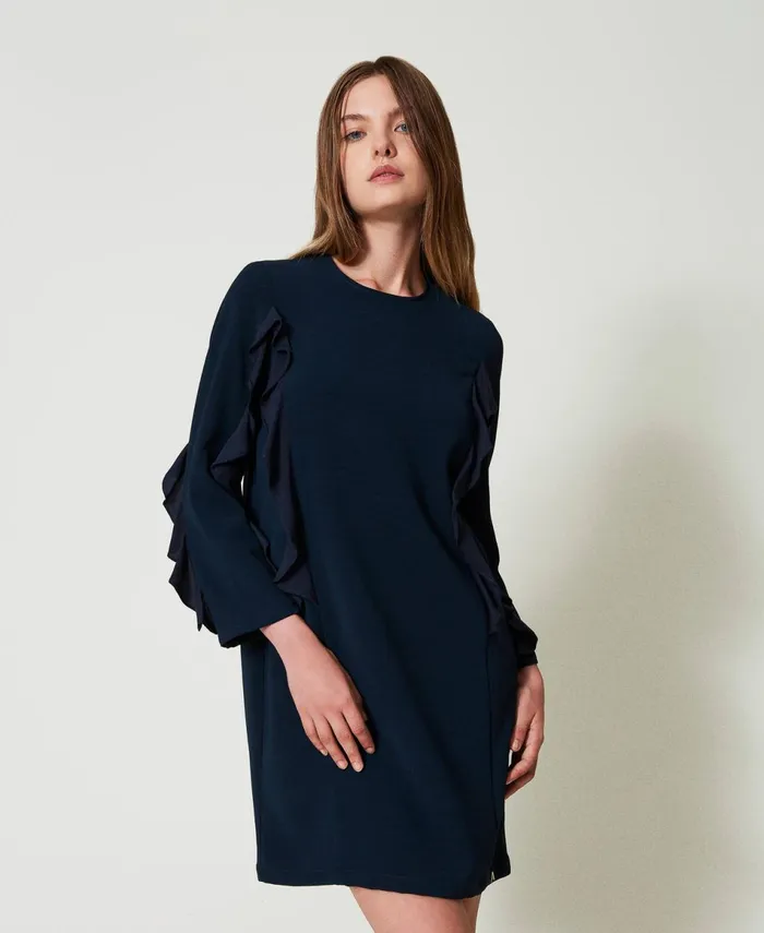 Twinset Short Cady Dress With Ruffles Navy Blue Women Dresses Twinset Short Cady Dress With Ruffles Navy Blue Women Dresses