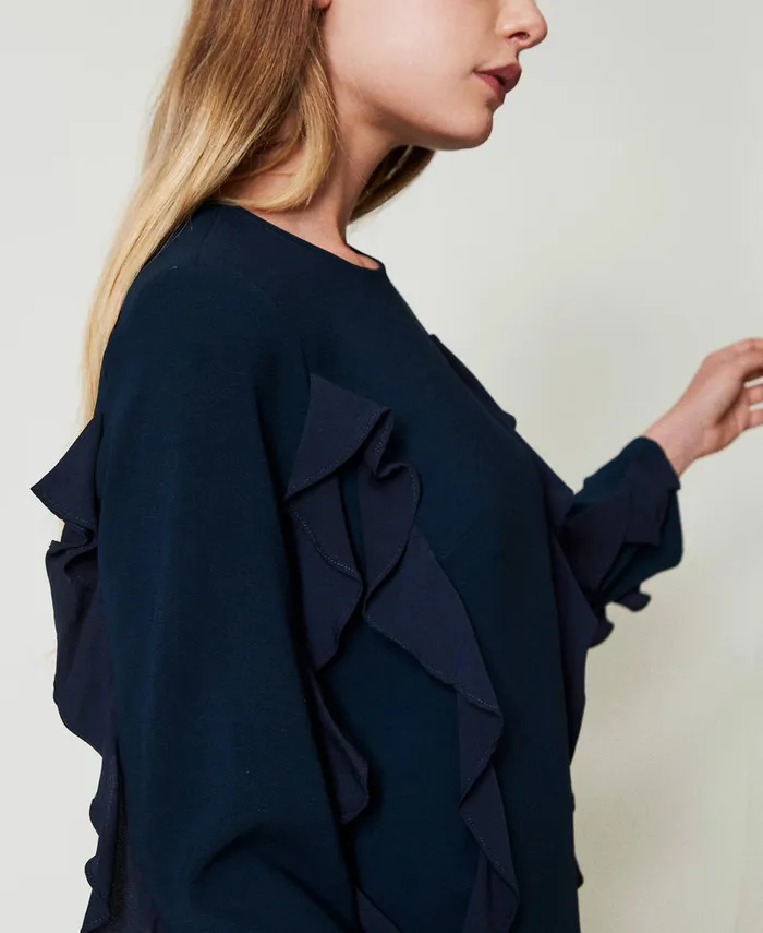 Twinset Short Cady Dress With Ruffles Navy Blue Women Dresses Twinset Short Cady Dress With Ruffles Navy Blue Women Dresses