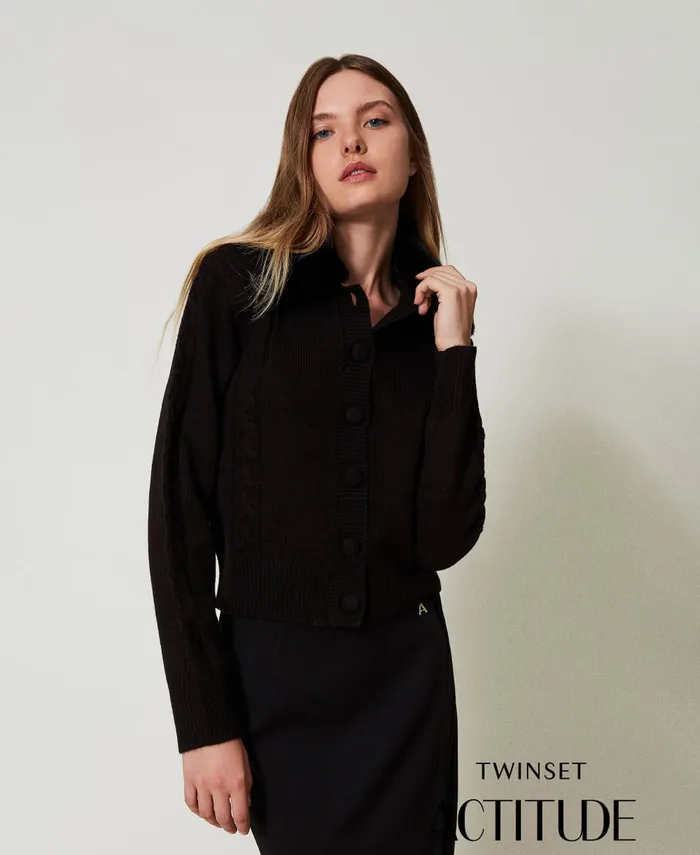 Twinset Short Cardigan With Faux Fur Collar Black Women Jumpers And Cardigans