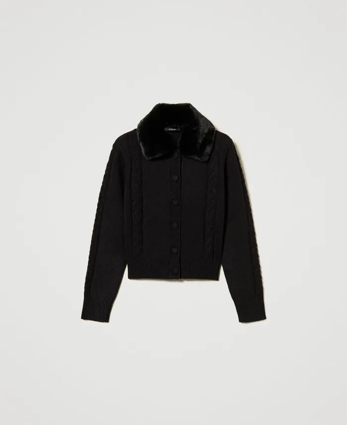 Twinset Short Cardigan With Faux Fur Collar Black Women Jumpers And Cardigans Twinset Short Cardigan With Faux Fur Collar Black Women Jumpers And Cardigans