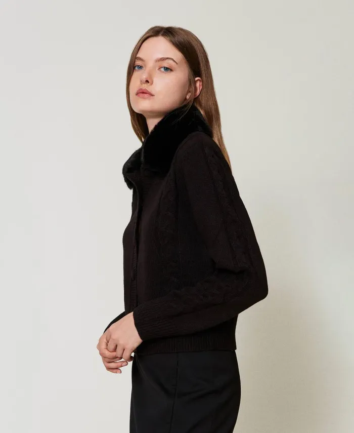 Twinset Short Cardigan With Faux Fur Collar Black Women Jumpers And Cardigans Twinset Short Cardigan With Faux Fur Collar Black Women Jumpers And Cardigans