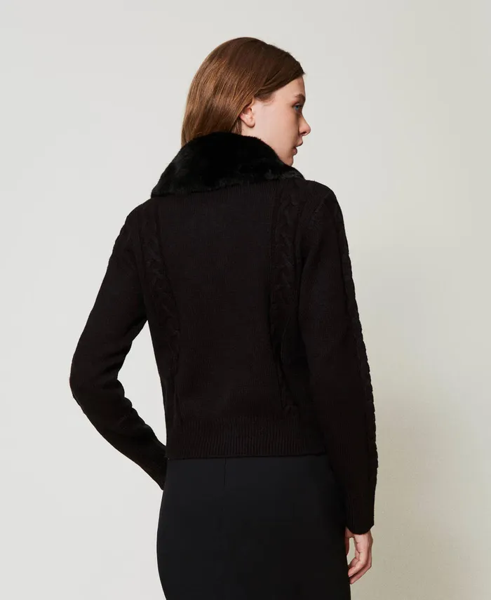 Twinset Short Cardigan With Faux Fur Collar Black Women Jumpers And Cardigans Twinset Short Cardigan With Faux Fur Collar Black Women Jumpers And Cardigans