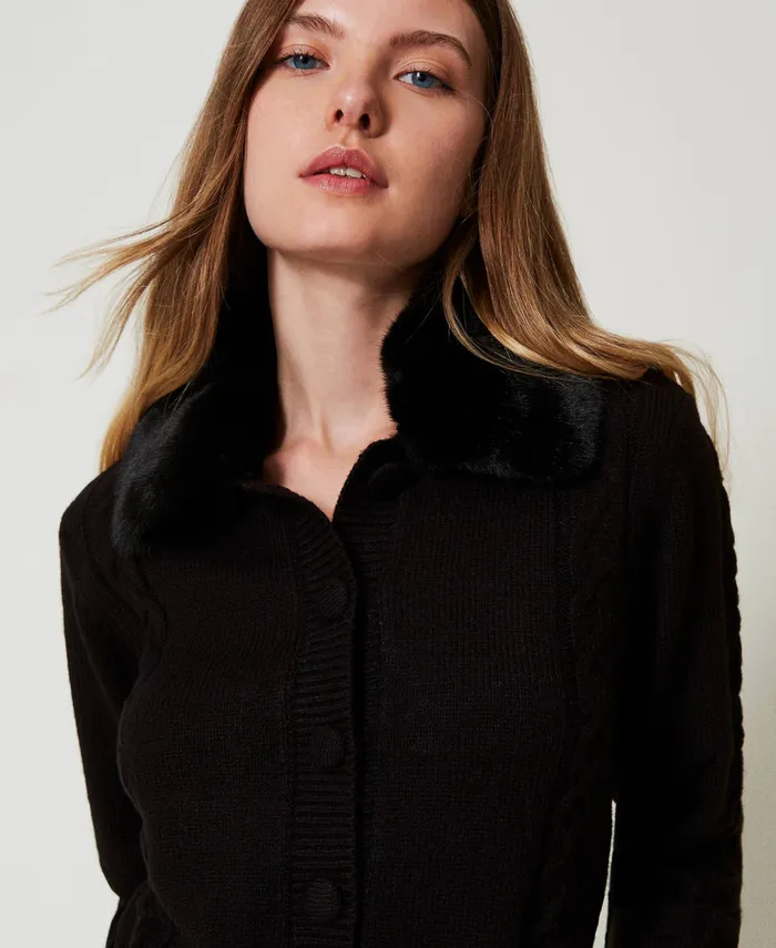 Twinset Short Cardigan With Faux Fur Collar Black Women Jumpers And Cardigans Twinset Short Cardigan With Faux Fur Collar Black Women Jumpers And Cardigans