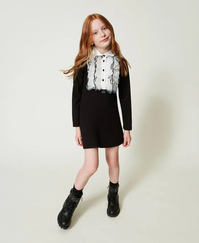 Twinset Short Dress With Organza Ruffles Bicolour Black Off White Girl Dresses
