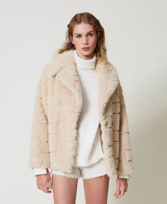 Twinset Short Faux Fur Coat With Oval T White Cream Women Jackets And Outerwear