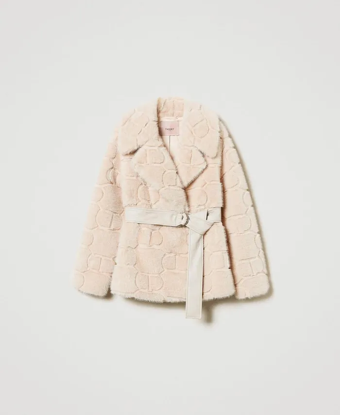 Twinset Short Faux Fur Coat With Oval T White Cream Women Jackets And Outerwear Twinset Short Faux Fur Coat With Oval T White Cream Women Jackets And Outerwear