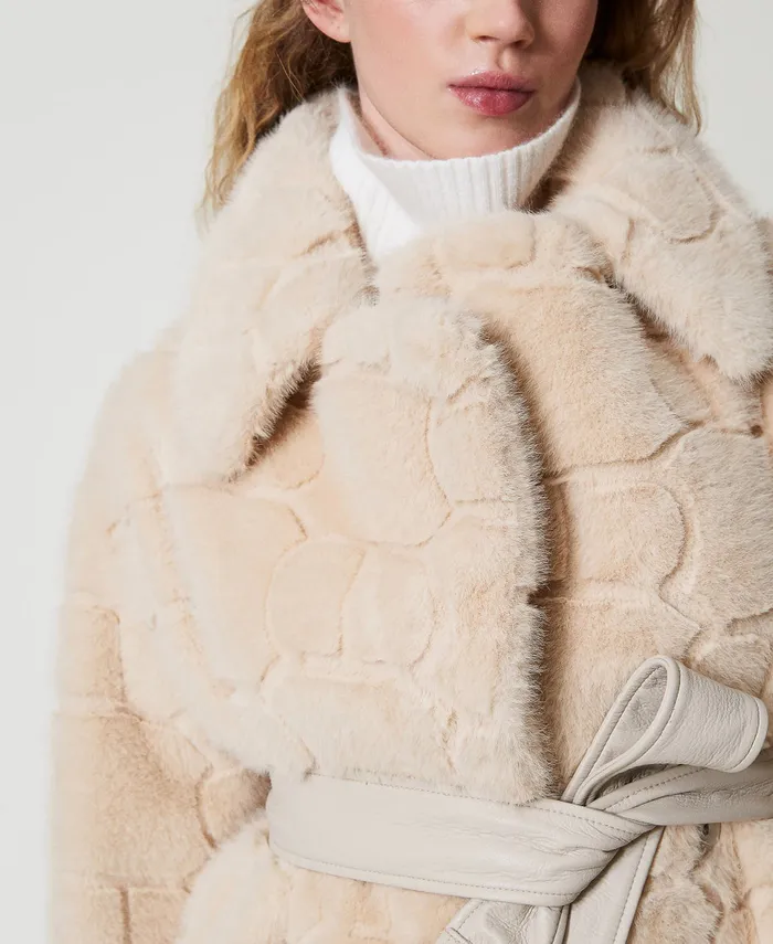 Twinset Short Faux Fur Coat With Oval T White Cream Women Jackets And Outerwear Twinset Short Faux Fur Coat With Oval T White Cream Women Jackets And Outerwear