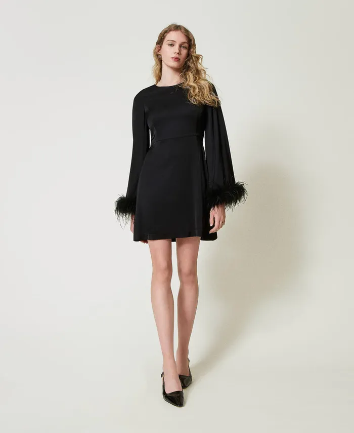 Twinset Short Satin Dress With Feathers Black Women Dresses