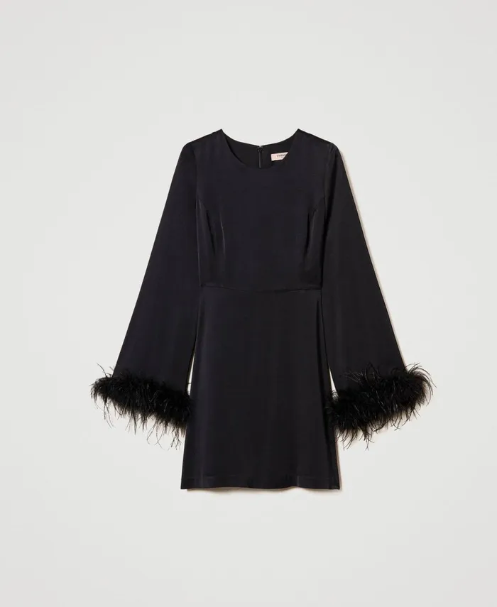 Twinset Short Satin Dress With Feathers Black Women Dresses Twinset Short Satin Dress With Feathers Black Women Dresses