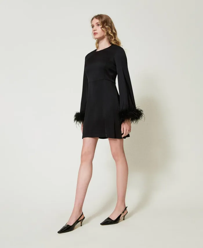 Twinset Short Satin Dress With Feathers Black Women Dresses Twinset Short Satin Dress With Feathers Black Women Dresses