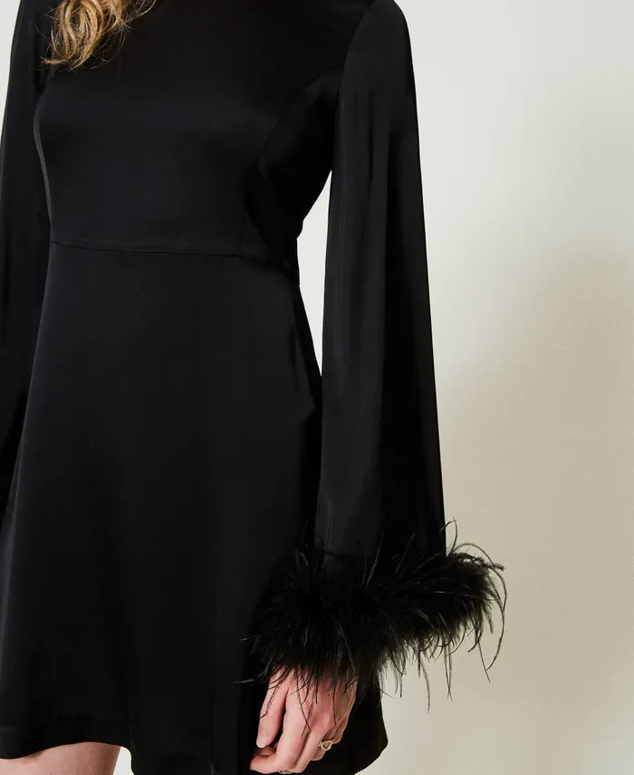 Twinset Short Satin Dress With Feathers Black Women Dresses Twinset Short Satin Dress With Feathers Black Women Dresses