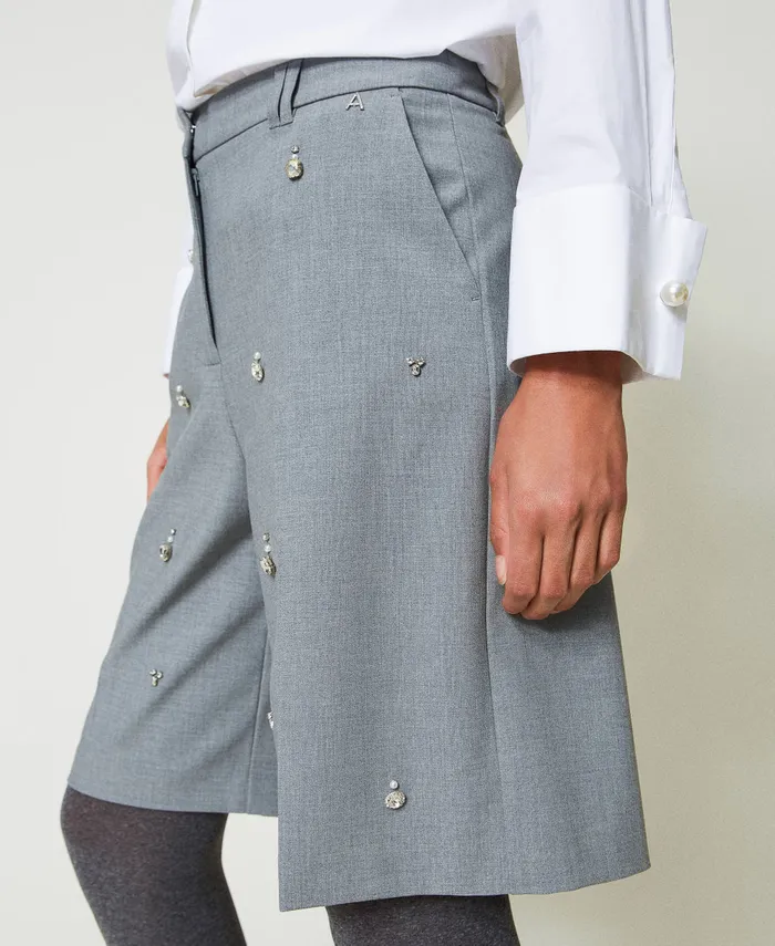 Twinset Shorts With Handmade Embroidery Melange Grey Women Suits And Sets Twinset Shorts With Handmade Embroidery Melange Grey Women Suits And Sets