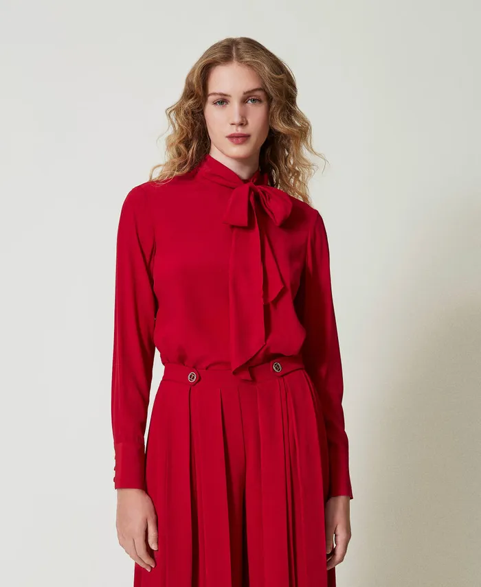 Twinset Silk Blend Blouse With Pussy Bow Venetian Red Women Blouses And Shirts