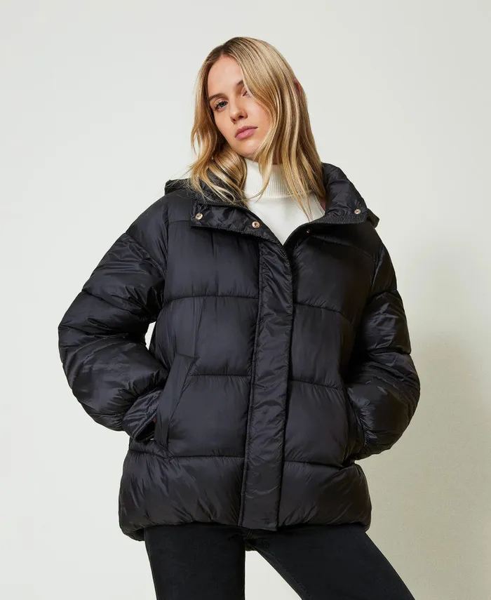 Twinset Striped Jacquard Nylon Puffer Jacket Black Women Jackets And Outerwear