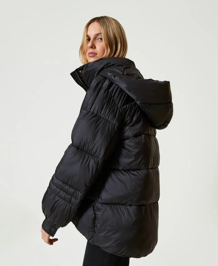 Twinset Striped Jacquard Nylon Puffer Jacket Black Women Jackets And Outerwear Twinset Striped Jacquard Nylon Puffer Jacket Black Women Jackets And Outerwear