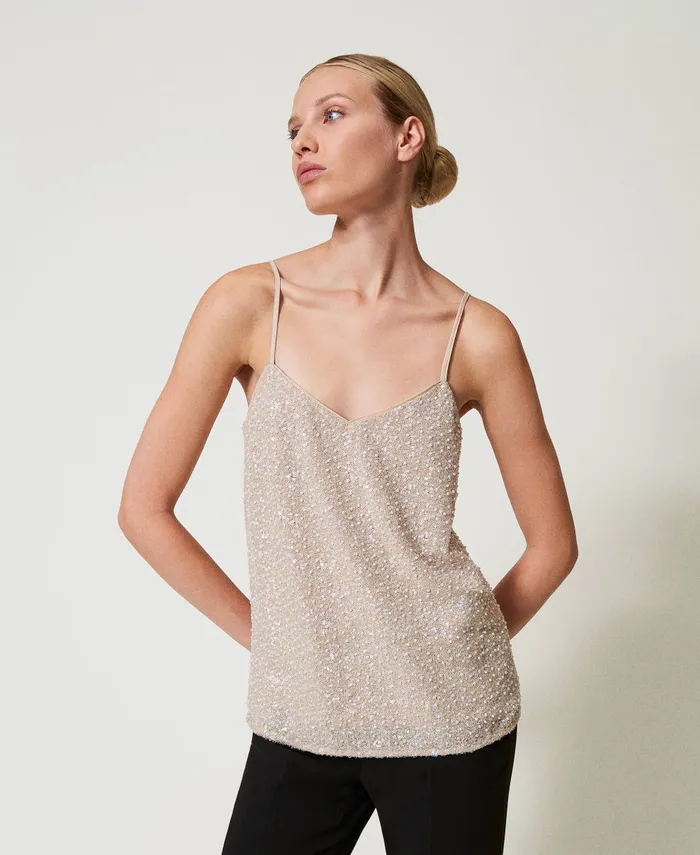 Twinset Top With Sequins And Pearls Snowdelicate Beige Sequin and Pearl Embroidery Women TShirts And Tops