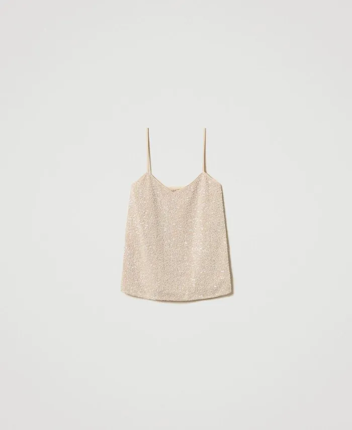 Twinset Top With Sequins And Pearls Snowdelicate Beige Sequin and Pearl Embroidery Women TShirts And Tops Twinset Top With Sequins And Pearls Snowdelicate Beige Sequin and Pearl Embroidery Women TShirts And Tops
