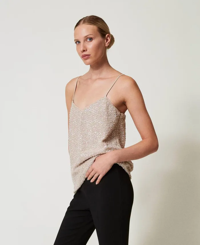 Twinset Top With Sequins And Pearls Snowdelicate Beige Sequin and Pearl Embroidery Women TShirts And Tops Twinset Top With Sequins And Pearls Snowdelicate Beige Sequin and Pearl Embroidery Women TShirts And Tops