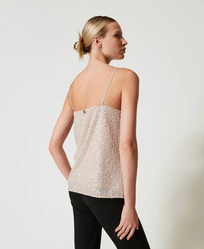Twinset Top With Sequins And Pearls Snowdelicate Beige Sequin and Pearl Embroidery Women TShirts And Tops Twinset Top With Sequins And Pearls Snowdelicate Beige Sequin and Pearl Embroidery Women TShirts And Tops