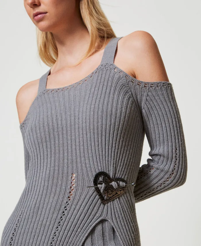 Twinset Treeblend Yarn Jumper With Brooch Light Fume Grey Women Jumpers And Cardigans